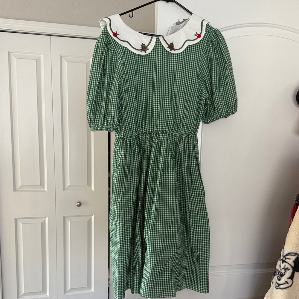 Ivy City Co Green Gingham Dress with holiday Embroidered Collar
